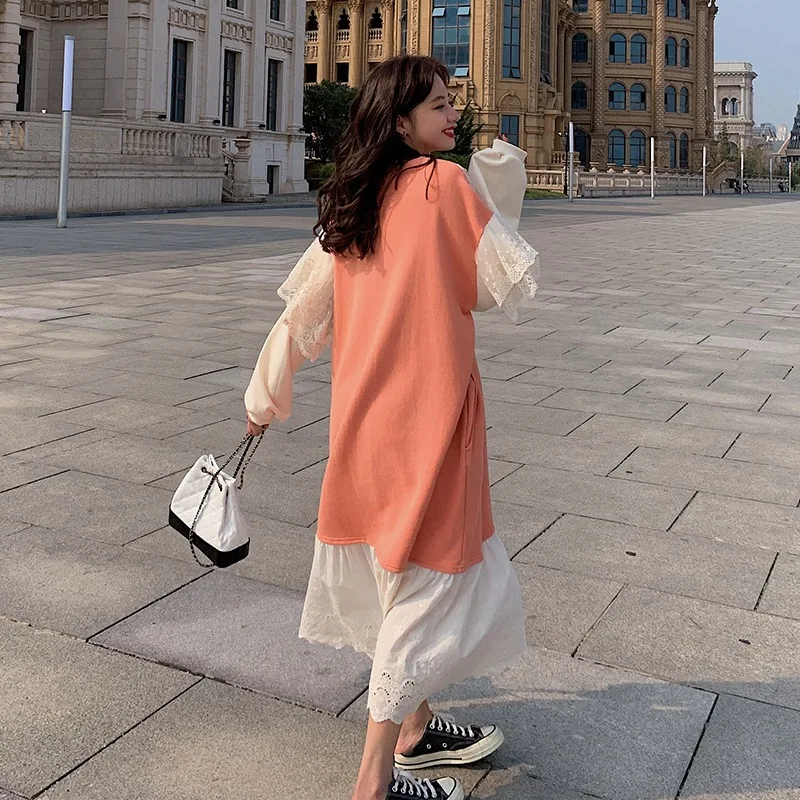 

Photo Shoot Main Push Ladies' Coral Printed Long Crew Neck Lace Joint Mock Two-Piece Flounced Hoodie Dress
