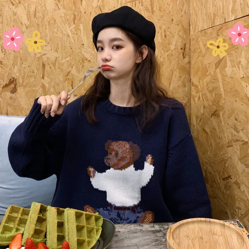 

2019 Autumn Winter Women Cartoon Bear Loose Embroidery Pullover Poncho Single Breasted Knit Sweater Ka67