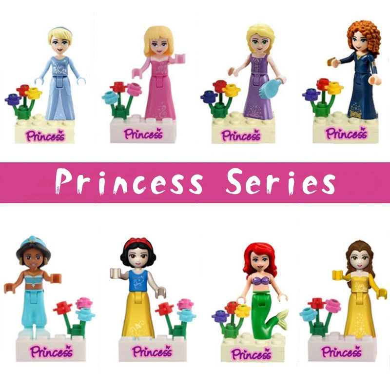 

8Pcs/Lot Princess Figures Anna Elsa Snow White Bell Cartoon Building Blocks Set Friends for Girls Gifts Playmobil Toys
