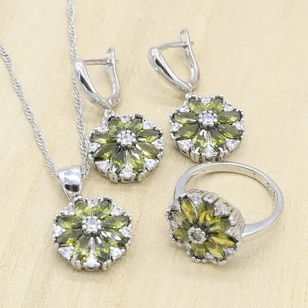 Оливково-зеленый Цирконий 925 стерлингового серебра Ювелирные наборы для женщин браслет серьги подвеска ожерелье кольца подарок для свадьбы дня рождения - Окраска металла: 3PCS