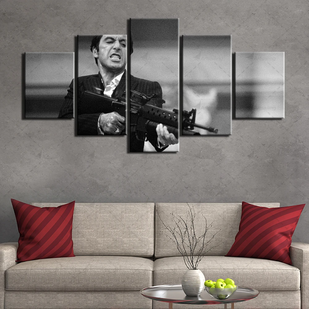 HD печатает Scarface Холст Плакаты с живописью Wall Art 5 шт. картины из кино для Гостиная домашний декор белый черный фон