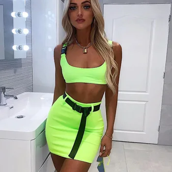

Free Full Elastic Waist Polyester Sale Special Offer Shipping 2020 Sexy Fluorescent Bag Buckle Vest Skirt Two-piece Suit Female