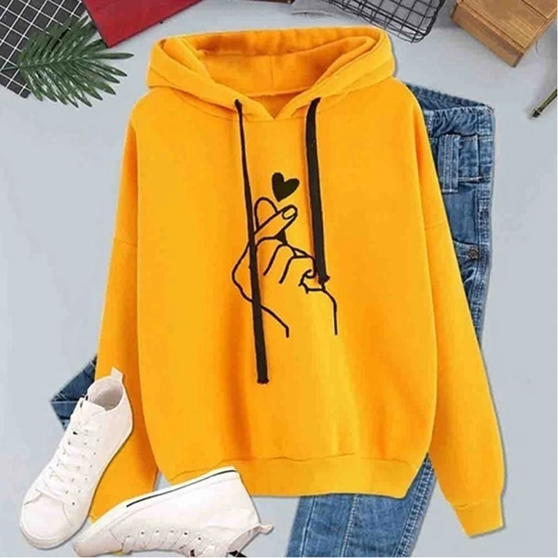 Women's Hooded Drawstring Long Sleeve Female Pullovers Sweatshirt Tops Kpop Finger Heart Love Pattern Sweatshirts | Женская одежда