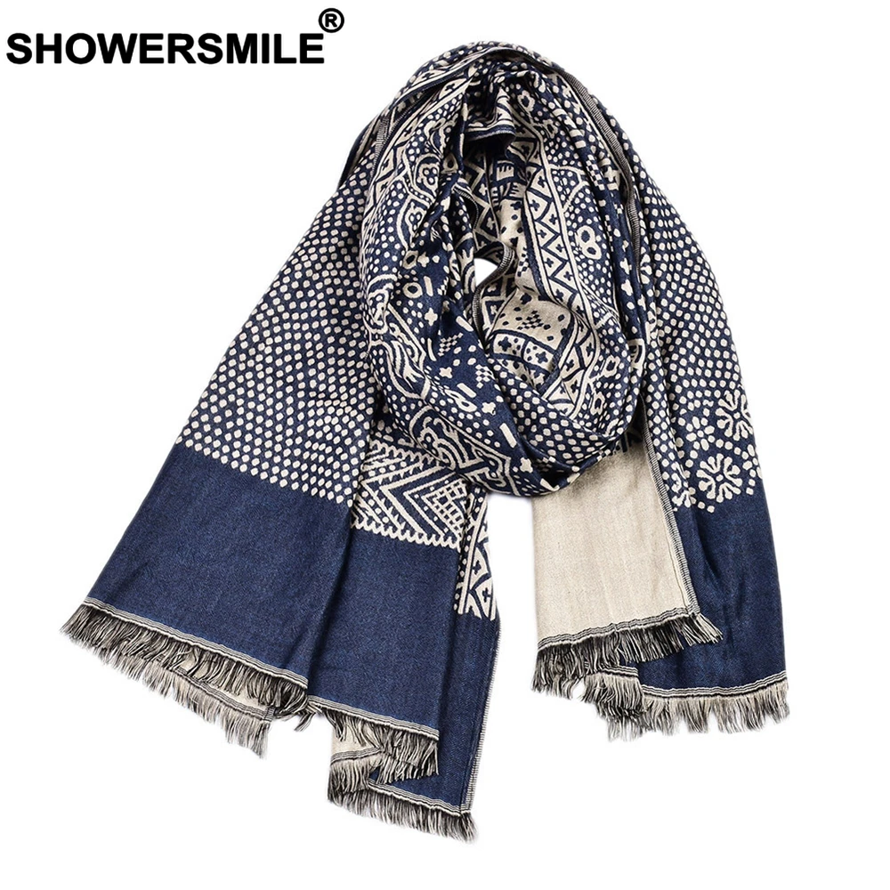 SHOWERSMILE Winter Scarf Men Ethnic Style Male Scarves Navy Cotton Linen Knitted Tassel Men Scarf 195cm*65cm