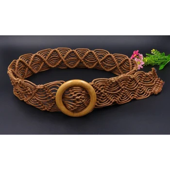 

Headhand Weave Knitted Round Wooden Buckle Straw Belt Women Harajuku Bohimian Dress Jeans Decoration Stretch Waist Strap Belt