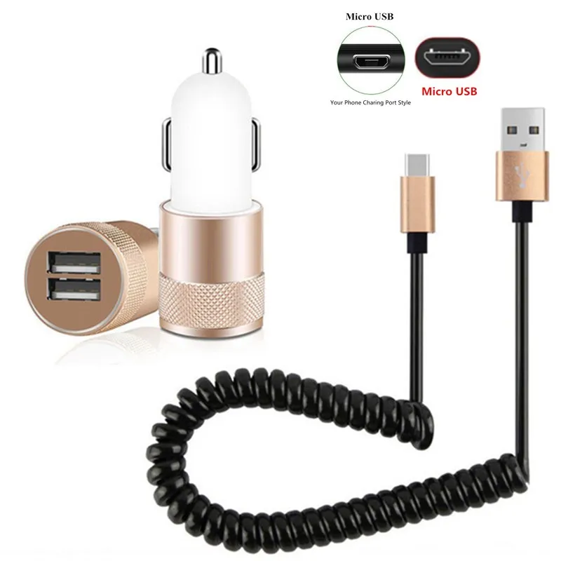 Гибкий пружинный USB кабель для Honor 5 5A 6 6A 6C 7 7A 7C Pro 8 8X 8C 9 Lite 9X 10i 20 8S 8A V20 V10 металлический двойной Порты автомобиля Зарядное устройство - Тип штекера: With Micro USB