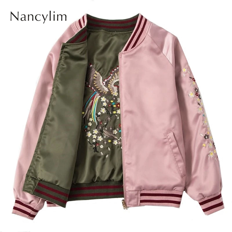 

Two-sided Phoenix Embroidered Baseball Jackets Femme Spring Autumn Short Satin Pilot Jacket Bf Loose Ladies Jackets Basic Coats