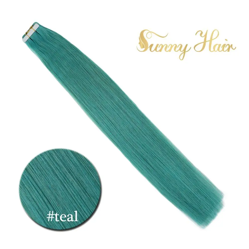 VeSunny Adhesive Tape in Hair Extensions Seamless Real Human Hair Teal Green Machine Made Remy Tape on PU Hair 2.5gr/pc