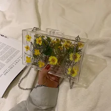 Роскошный акриловый прозрачный вечерний клатч с цветами, Свадебный милый кошелек, переносная сумка, Прозрачная Жесткая коробка, женские сумки на плечо с цепочкой