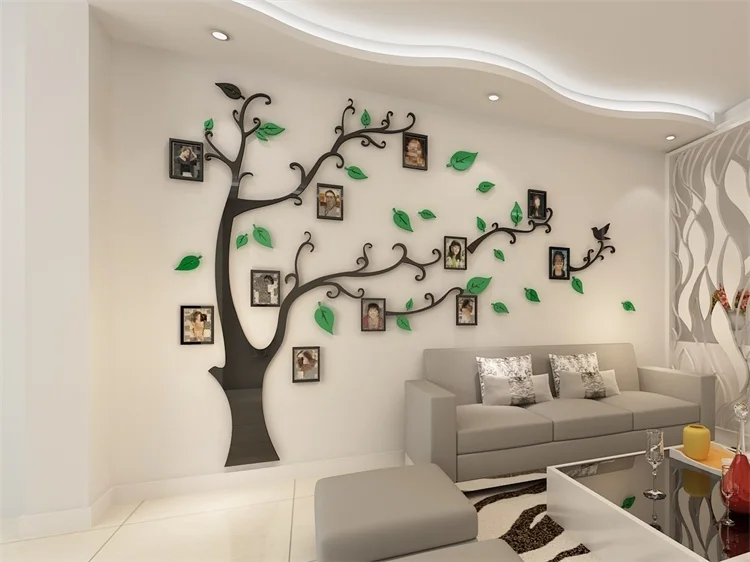 Green Leaf Left 3d акриловые дерево фото наклейки на стену в раме хрустальные зеркальные наклейки паста на ТВ фоновая стена Diy семейная фоторамка Настенный декор - Цвет: Green Leaf Left