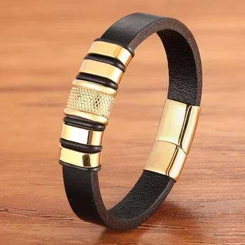 

Single Layer Gold Small Accessories Combination Stainless Steel Men's Leather Bracelet DIY Custom Size Carved Logo Classic Gift