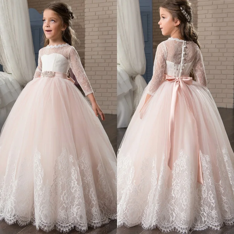 Детское платье с цветочным принтом длинным рукавом и круглым вырезом | Свадьбы