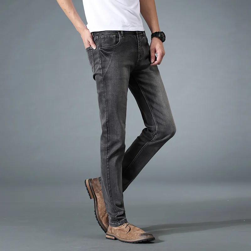 Cowboy Men Trousers Men's Stretch Jeans Male Casual Regular Fit Straight Retro Denim Pant Classic Fashion Clothes Grey Blue - Color: Dark grey
