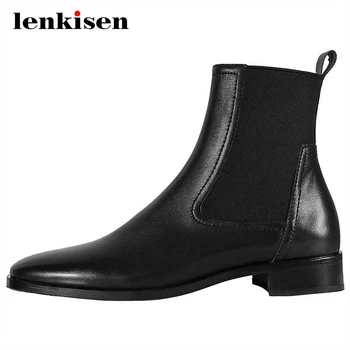 

Lenkisen hot stretch boots real leather korean design patchwork thick low heel round toe slip on classic colors ankle boots L8f1