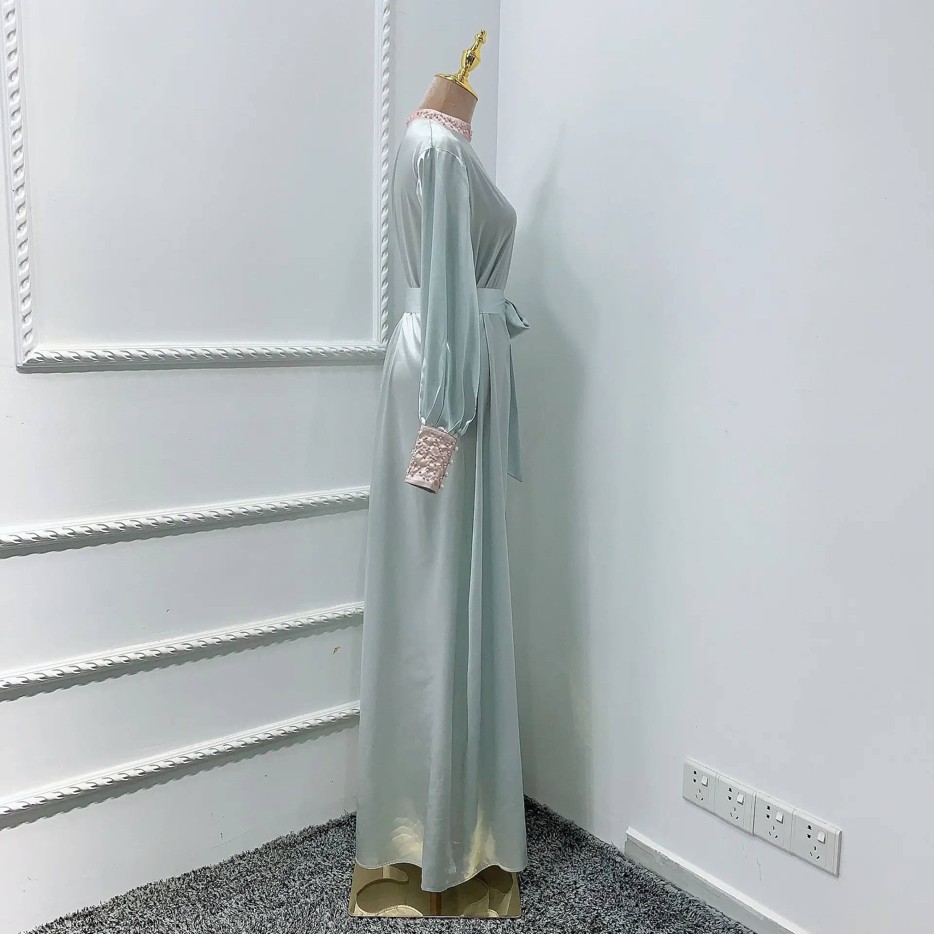 Роскошное мусульманское шелковое атласное Макси платье Abaya кружевной кардиган с