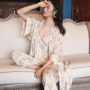 

Maison Gabrielle Printed Satin 3-Pieces Pajamas Set Camisole Pants Robe Loungewear Classic Elegant Sexy Spring Summer Soft Color