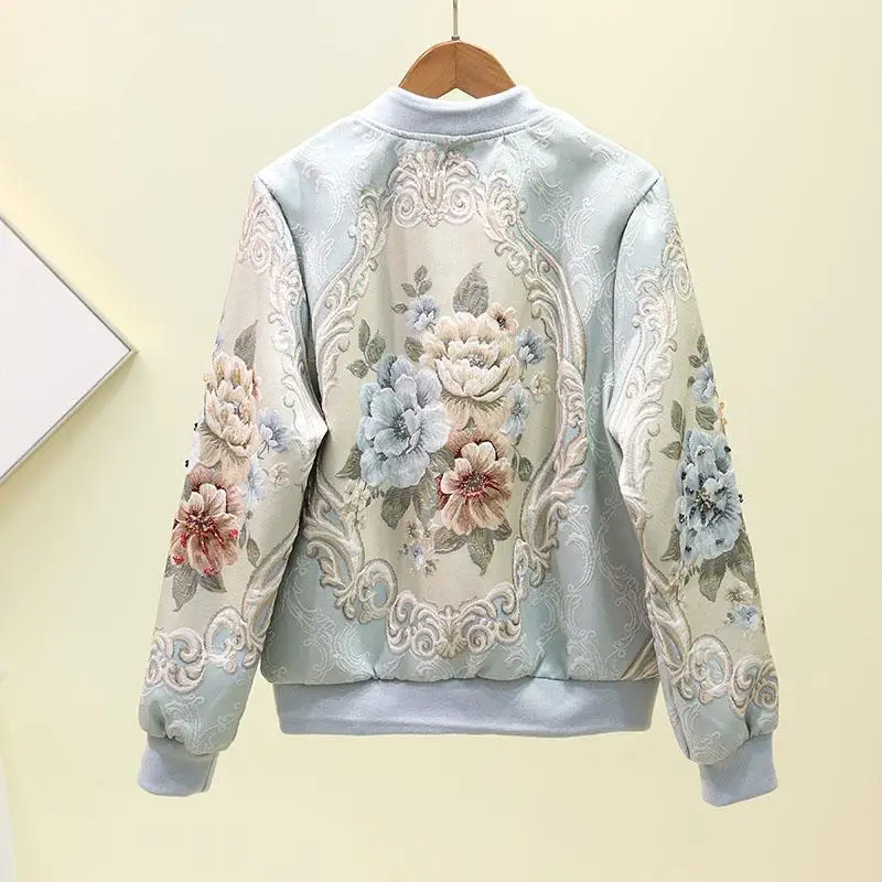 discounted  Womens Autumn Fashion Heavy Industry Nail Bead Baseball Clothes Diamonds Jacket 2019 Ladies Flowers