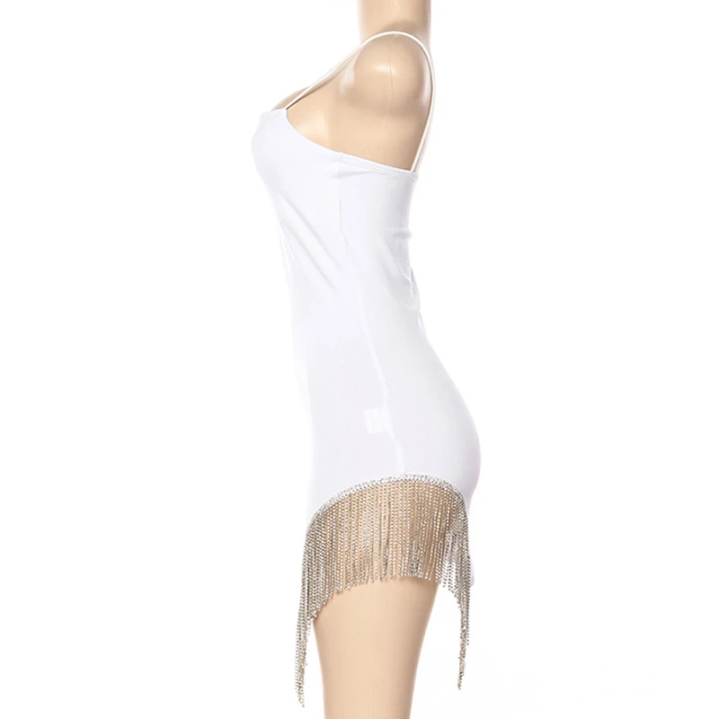 Diamonds Glitter Tassels Night Club Dress Femininas Bodycon Spaghetti Strap Mini Dress Sexy Party Side Shining Diamond Robe