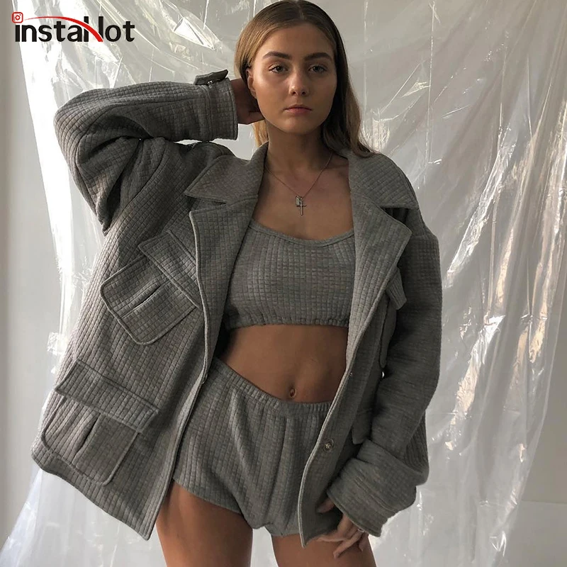 InstaHot серая негабаритная куртка для женщин хлопок карман теплая верхняя одежда Осень Зима Повседневное модное однобортное пальто с карманами