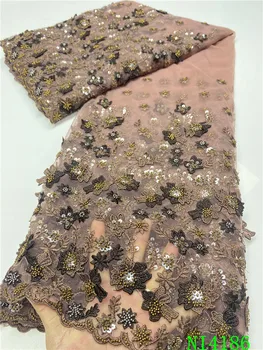 

5yards light blue african big embroidered tulle lace fabric for women dress handmade beaded mesh tulle lace fabric