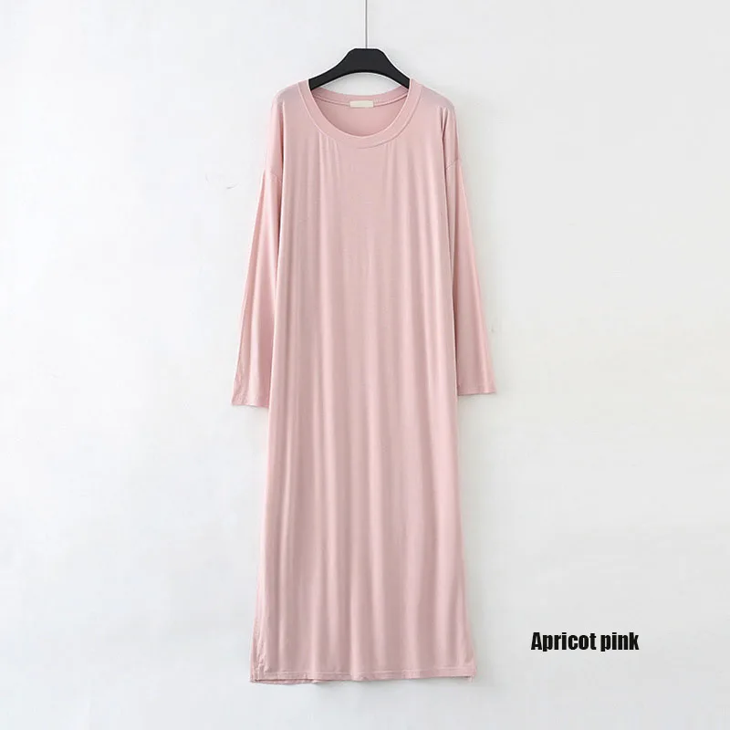 Apricot pink Осенняя ночная рубашка больших размеров, женская простая ночная рубашка, мягкая ночная рубашка из модала, женское спальное платье с длинным рукавом и круглым вырезом - Цвет: Apricot pink