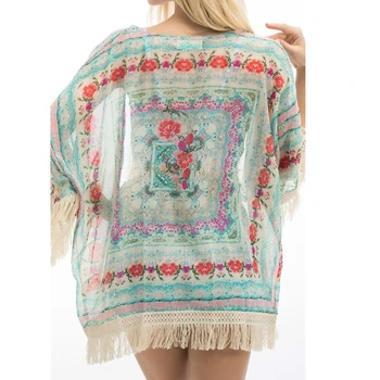 

Women Ladies Summer Cover ups New Boho Hippie Tassels Shawl Top Floral Kimono Loose Blouse Cape Cardigan blouse women femme