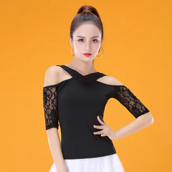 

Modern Latin Dance Tops For Women Lace Short Sleeved Practice Clothes Cha Cha Samba Ballroom Dancing Practice Wear Ladies DL4436