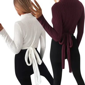 

Women's Sweater Women Autumn Winter Sexy High Collar Short Tie Knot Solid Color Slim Long-Sleeved Lace Up Bottom Sweater XL Red: