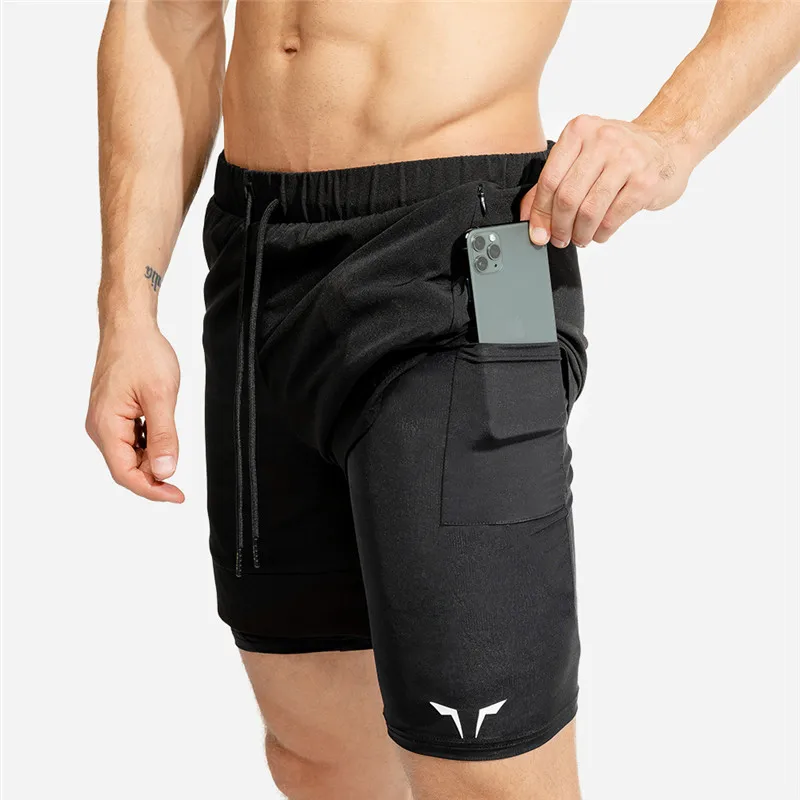 Calções de corrida de dupla camada respirável masculino, calções ...