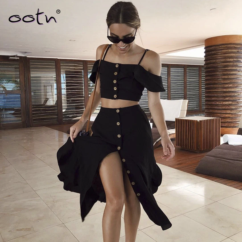 

Vintage Black Long Slit High Waist Midi Skirt Single-Breasted Beach Sexy Skirt 2020 Spring 100% Polyester Mujer Ladies Casual
