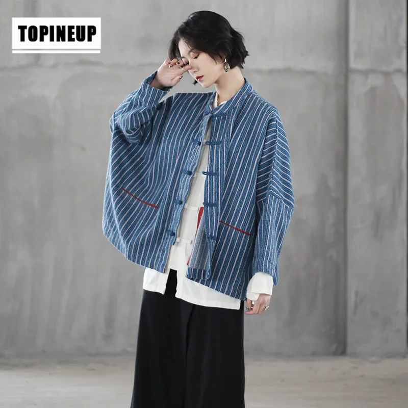 

Retro Cowboy Short Jacket Women's Chinese Style Cross-Button Cardigan Stripes Warm Long Sleeve Vintage Design Female Coats