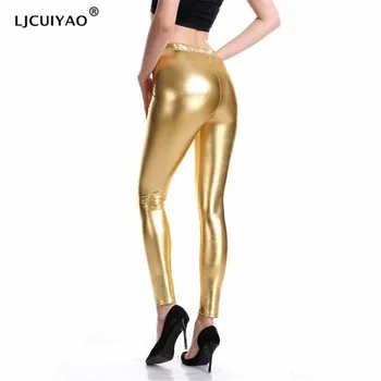 

LJCUIYAO Fitness Leggins Punk Rock PU Faux Leather Women Leggings Silver Gold Metallic Bright Pants Shining Plus Size Legging