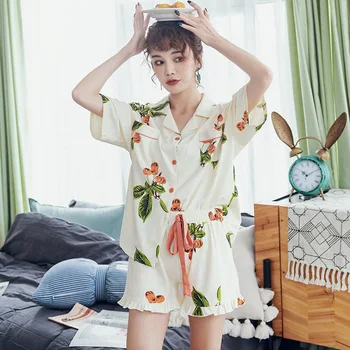 

2020 Pajamas Women's Short-Sleeved Thin 2-Piece Cotton Casual Leisure Tops Hot Sale in Summer and Autumn