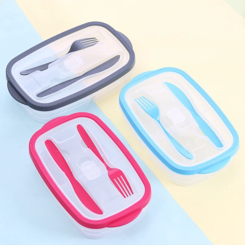 

1PC Rectangular Plastic Lunch Box Portable Household Fruit Salad Bento Box With Tableware Plastic lunch box