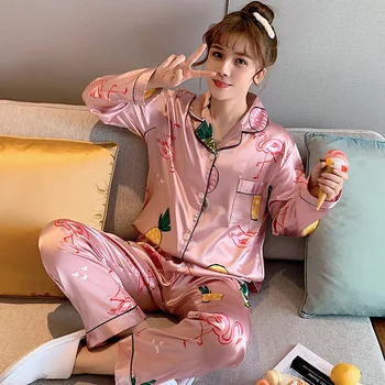 

Spring And Autumn Pajamas Ladies Summer Cartoon Ice Silk Thin Simulation Loose Cardigan Long-Sleeved Trousers Home Service Suits
