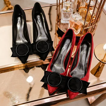 

2020 spring new suede comfortable high heel women fashion simple color matching bow decoration casual high heels