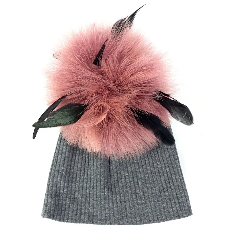 dark gray pink Милая детская шапка в рубчик, мягкая шапка с 15 см, страусиное меховое помпон, милая детская зимняя теплая шапочка, шапки унисекс с черепом - Цвет: dark gray pink
