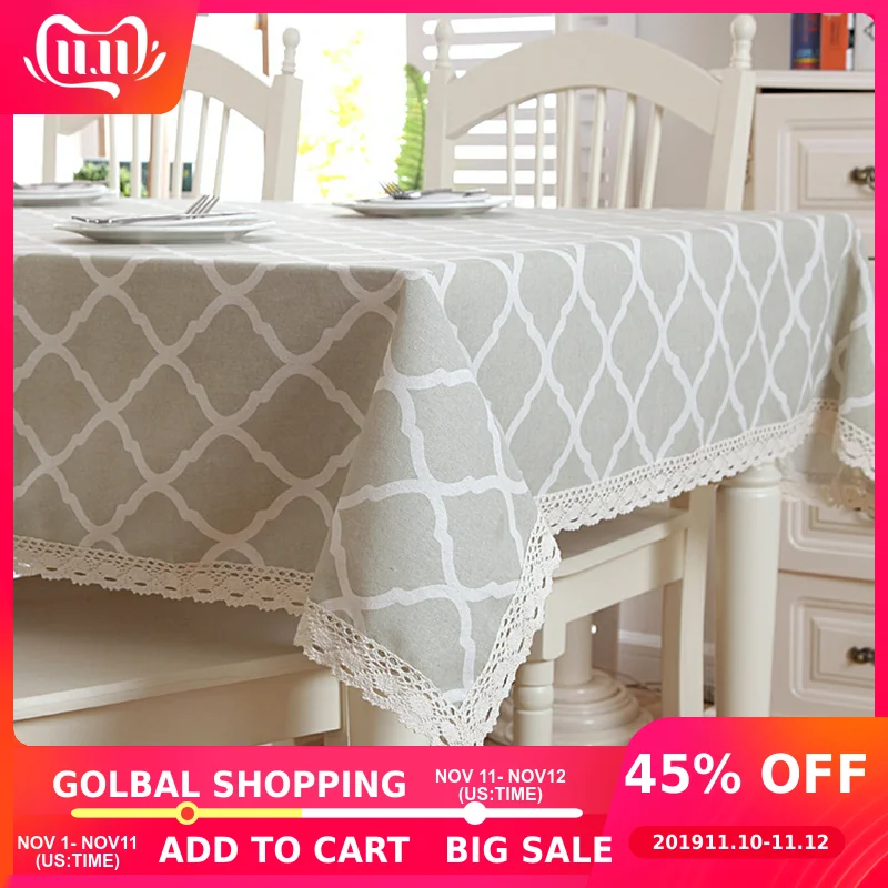 

Customize Modern style Linen Cotton Tablecloth Lace Geometry Rhombus Table Cloth Wedding Banquet Washable Table Cover Textiles