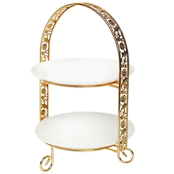 

Metal Cake Stand Double-Layer Arch-Shaped Golden Fruit Dessert Rack Wedding Birthday Party Decoration Cupcake Stand Gold