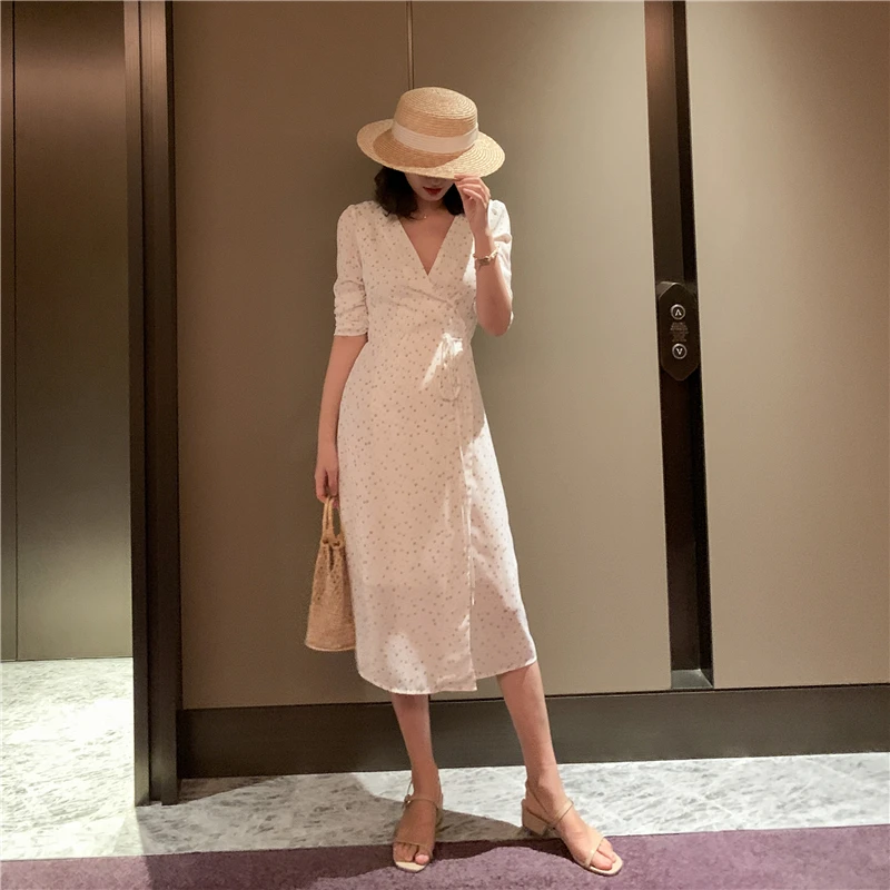 

2019 Summer dress elegant women boho floral wrap half sleeve chiffon beach dress korean vintage v neck party midi dress