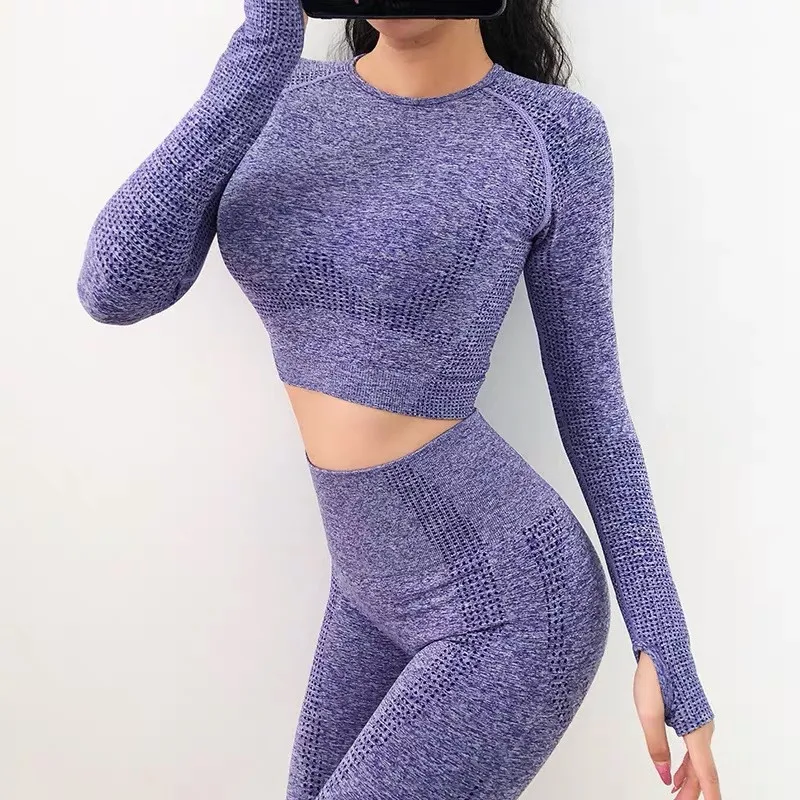 

2pcs/set Vital Women Sport Suit Yoga Set Gym Workout Clothes Long Sleeve Fitness Crop Top + High Waist Energy Seamless Leggings