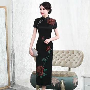 

2019 Real Style Painting Heavy Weight Silk Cheongsam Long Short Sleeve Factory Direct Sale Large Size Women's High-end Elegant