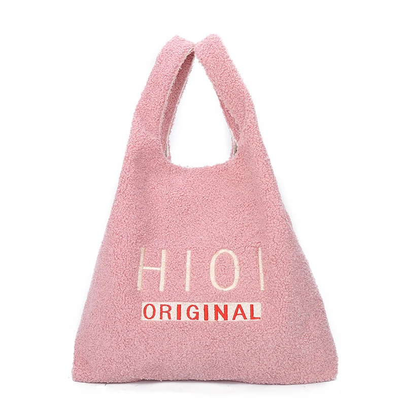 

PUIMENTIUA Women Plush Shopping Bag Female Canvas Cloth Shoulder Bag Storage Handbag Reusable Foldable Eco Grocery Totes