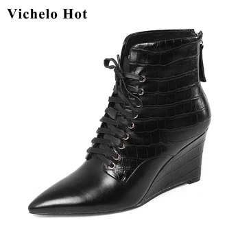 

Vichelo Hot new genuine leather pointed toe high heel wedges European style office lady daily wear cross-tied ankle boots L38
