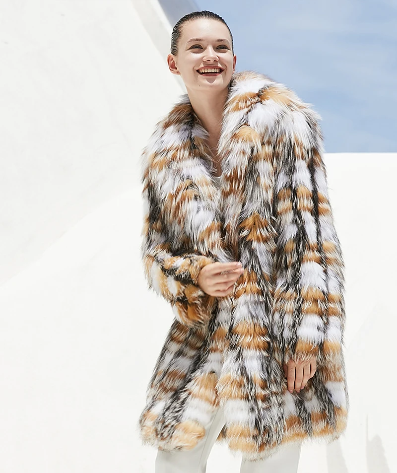 Ftangaiur зимняя импортная шуба из лисьего меха, клетчатое пальто контрастного цвета для женщин, пальто из лисьего меха средней длины, теплые пальто из натурального меха лисы