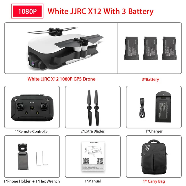 White 1080P 3Battery JJRC X12 анти-встряхивание 3 оси Gimble gps Дрон с WiFi FPV 1080P 4K HD камера бесщеточный мотор складной Квадрокоптер - Цвет: White 1080P 3Battery