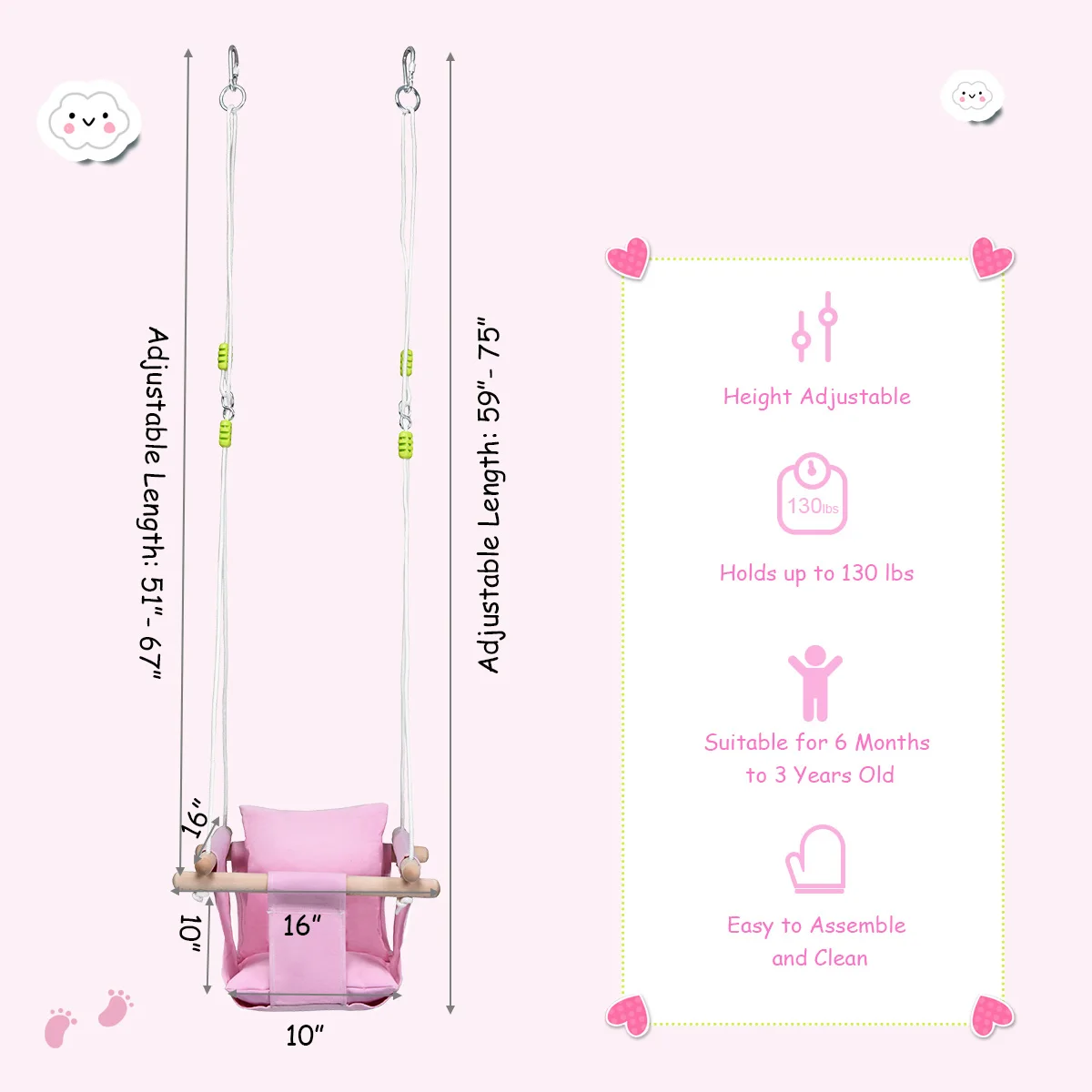 Baby Canvas Hanging Swing w/ Cotton Home Outdoor Hammock Toy for Toddler Pink 5