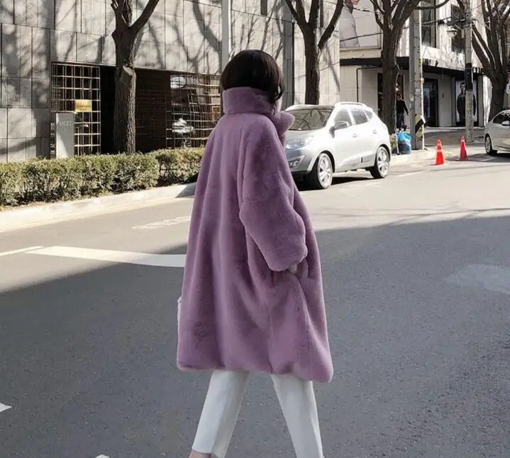 Негабаритный зимний теплый стоячий воротник, длинное однотонное пальто из искусственного меха, повседневная женская меховая куртка с длинным рукавом, верхняя одежда, розовый, черный