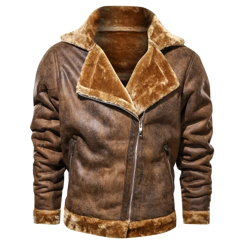 

2020 Winter Vintage Faux Leather Jacket Men's Thick Warm Wool Lining Windbreaker Coat Fur Jacket Men Velvet Overcoat