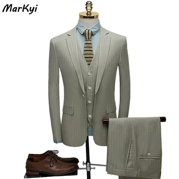 

MarKyi 2020 fashion striped modern mens wedding suits plus size (jacket+pant+vest) men suit british style